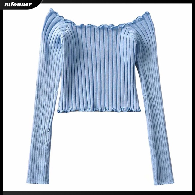 Áo Croptop Dệt Kim Tay Dài Cổ Vuông Màu Sắc Đơn Giản Cho Nữ