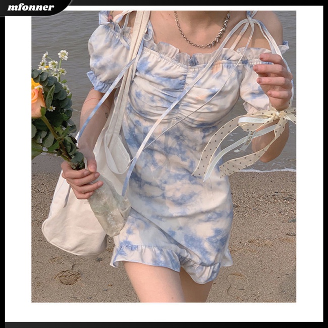 Đầm Cổ Thuyền Tay Phồng In Họa Tiết Hoa Nhuộm Màu Xinh Xắn Thời Trang Cho Nữ