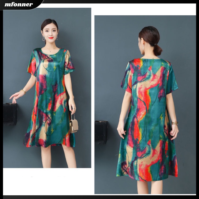 Đầm Chữ A Tay Ngắn Cổ Tròn Dáng Rộng In Họa Tiết Thời Trang Cho Nữ