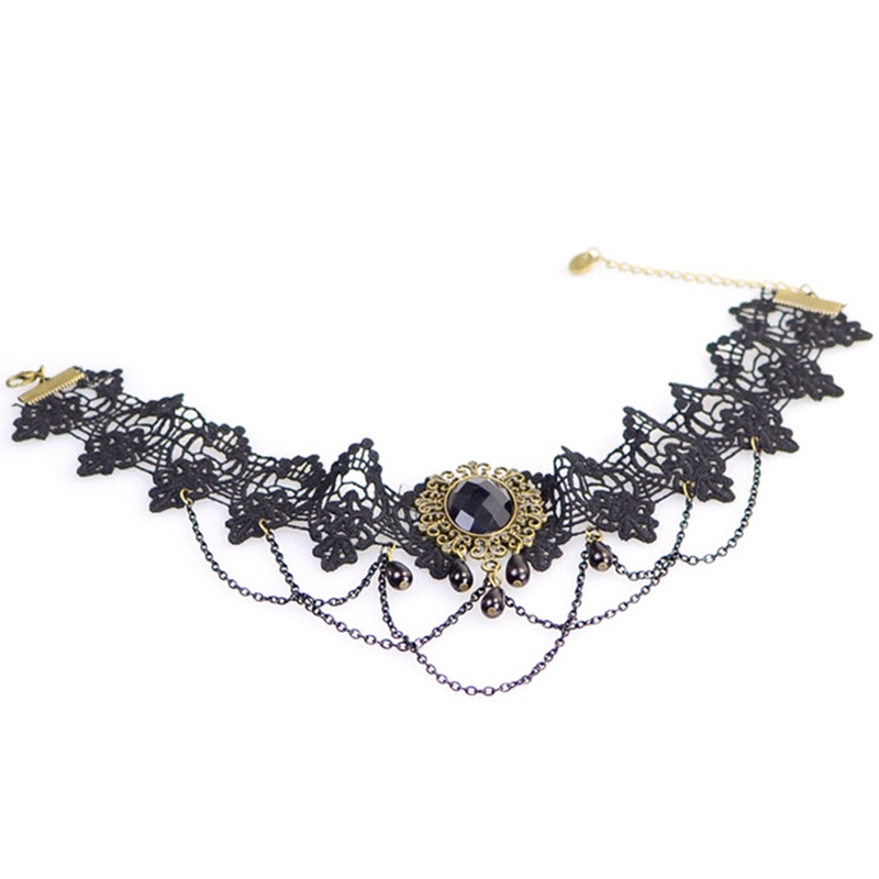 Vòng Cổ Choker Ren Màu Đen Đính Hạt Và Hoa Phong Cách Gothic Lolita