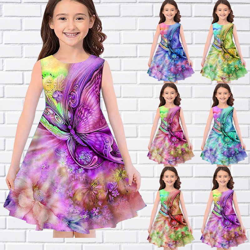 Đầm Dài Cổ Tròn Không Tay In Họa Tiết Bướm 3D Thời Trang Mùa Hè Xinh Xắn Cho Bé Gái
