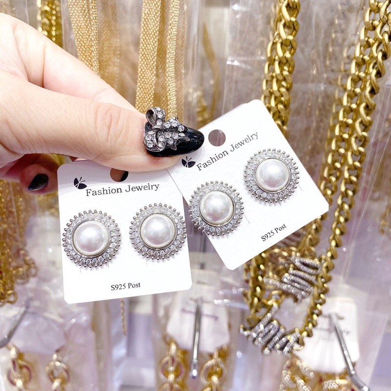 Bông tai ngọc đính đá, khuyên tai bạc s925 cao cấp, phụ kiện trang sức Hari korea accessories