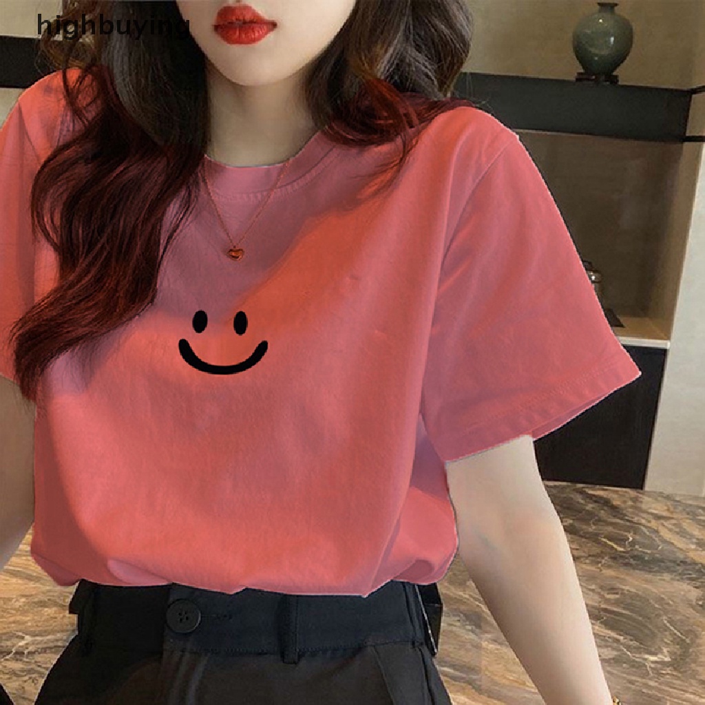 Áo Thun Tay Ngắn Cổ Tròn In Hình Mặt Cười Xinh Xắn Cho Nữ