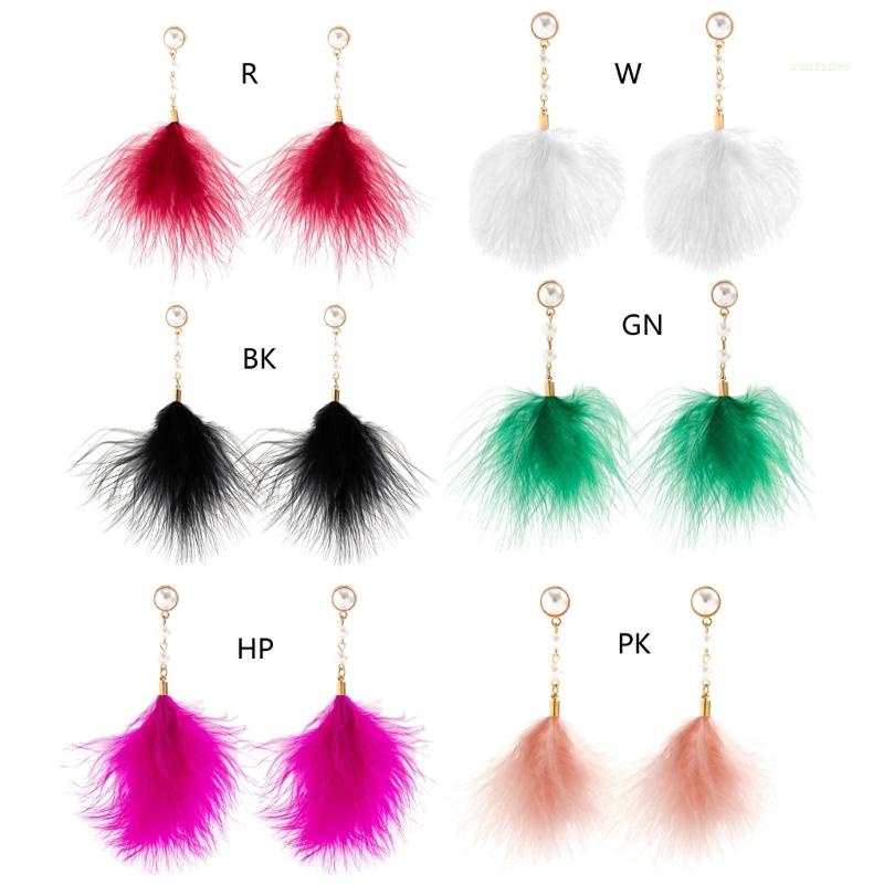 Bông Tai Lông Vũ Dáng Dài Đính Ngọc Trai Giả Phối Tua Rua Thời Trang Năm Mới