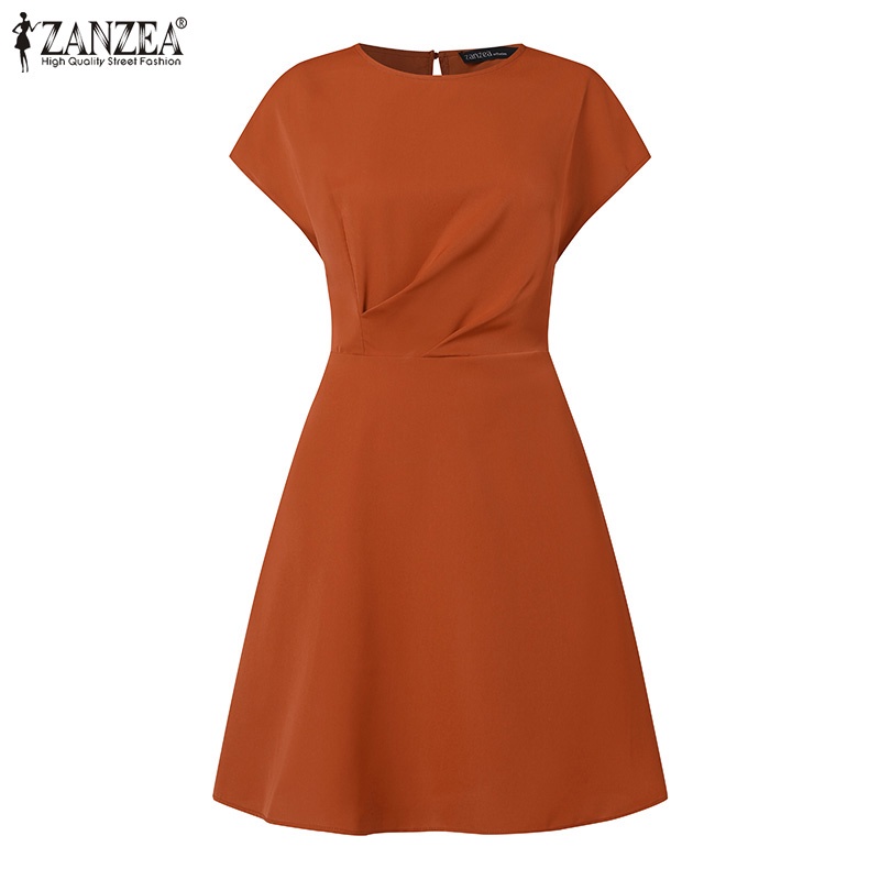 Zanzea Đầm Nữ Tay Ngắn Xếp Li Thời Trang Thanh Lịch