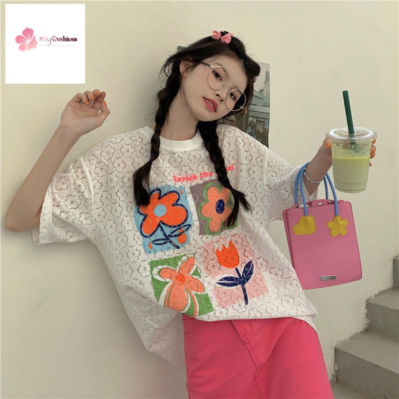 Áo Thun Tay Ngắn Dáng Rộng In Hoa Cỡ Lớn Thời Trang Mùa Hè