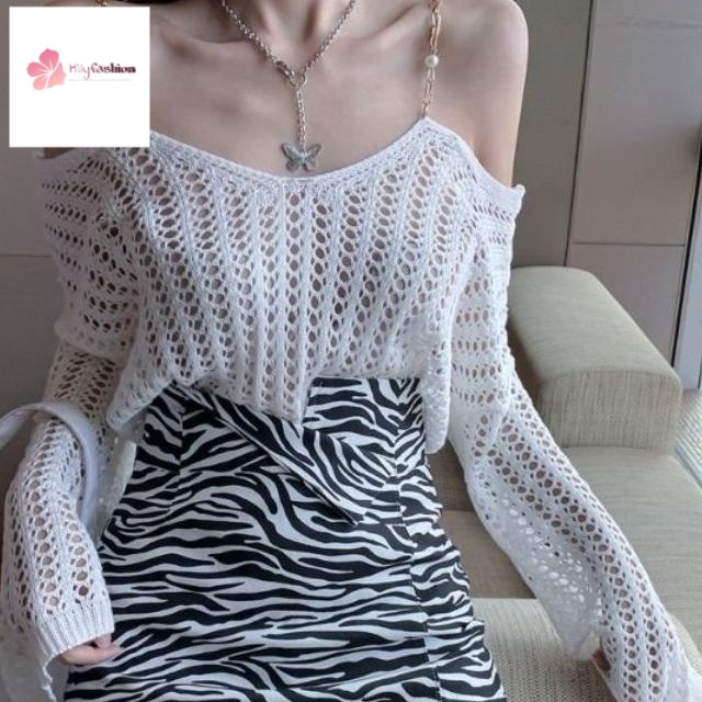 Áo Dệt Kim Tay Dài Trễ Vai Dáng Rộng Thời Trang Mùa Thu Cho Phái Nữ