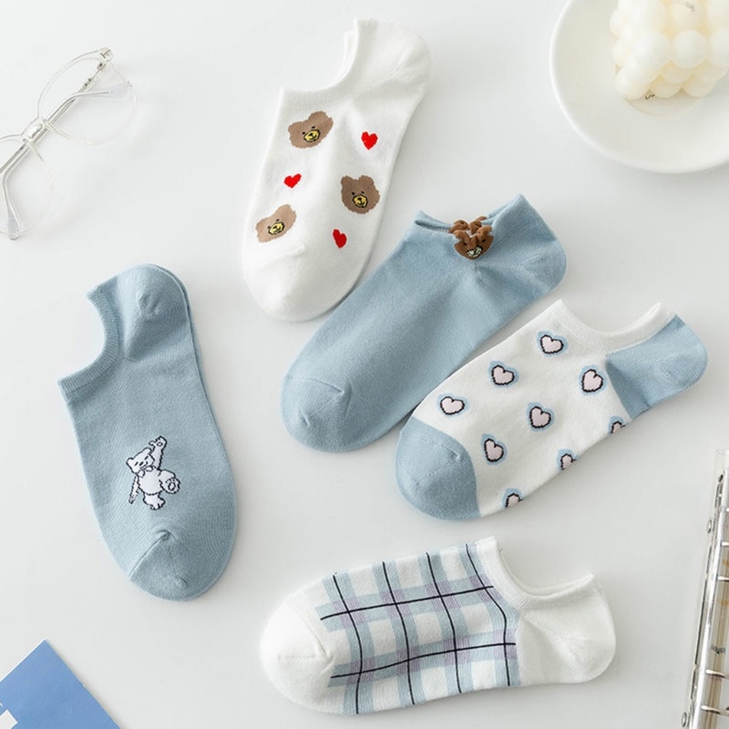 Set 5 Đôi Vớ Cotton Ngắn In Họa Tiết Gấu Hoạt Hình Thời Trang Mùa Hè Cho Nữ