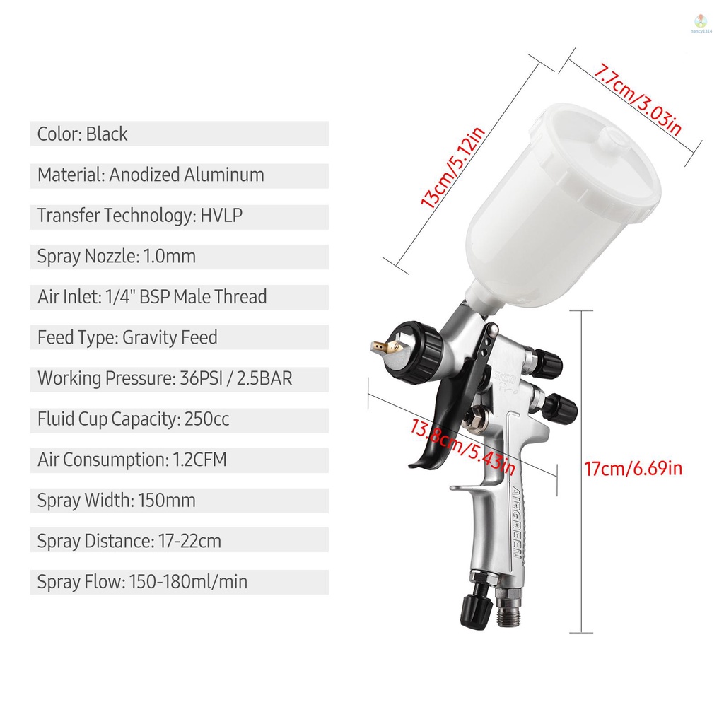 HVLP 1.0mm Air Spray  Kit 250cc Fluid Cup Gravity Feed Air Paint Sprayer Mini Handheld 360-degree Paint Spraying  for Car Repair Furniture Surface Wall Painting DIY Models