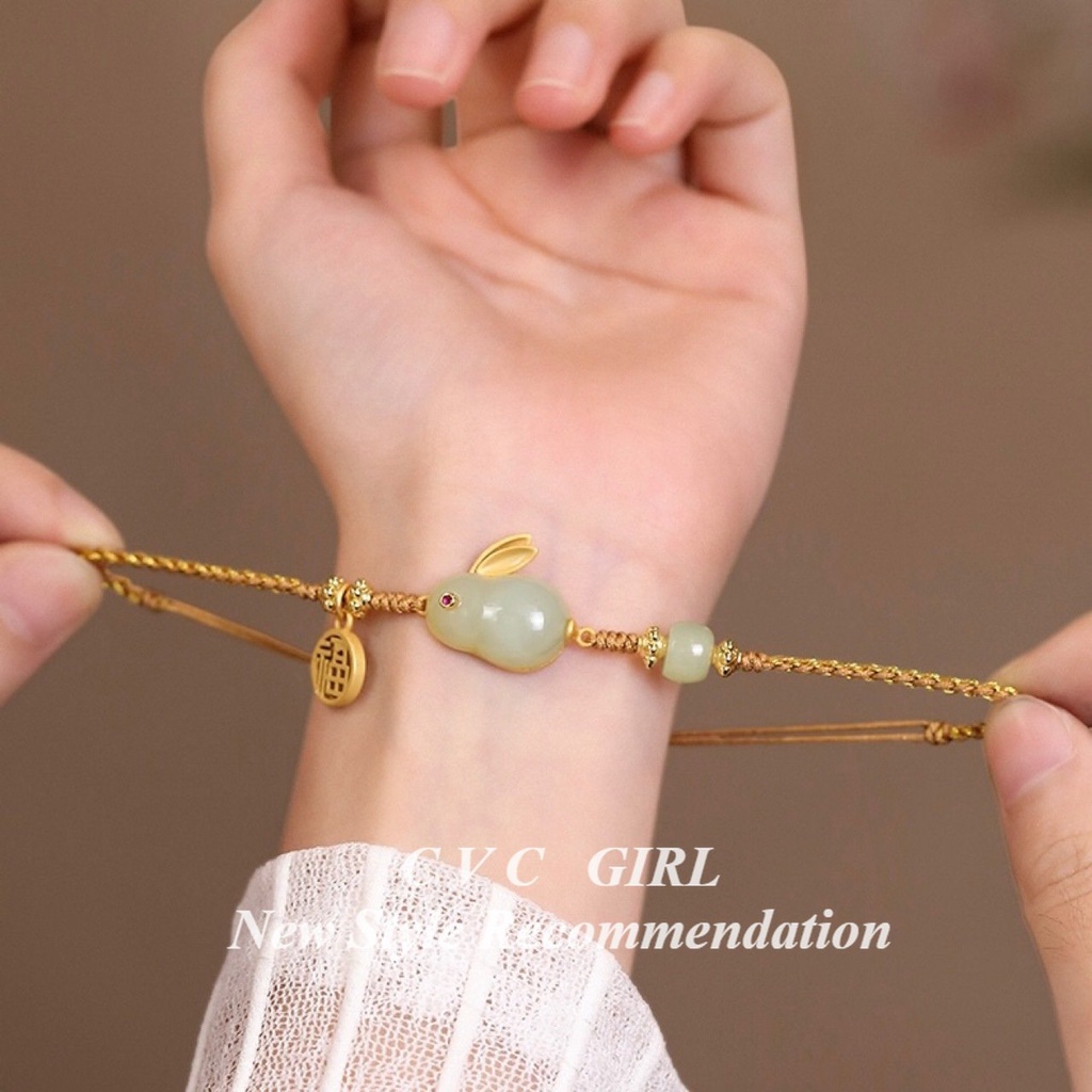 Vòng Tay Dây Rút Đính Ngọc Bích Giả Hình Thỏ Hetian Nhẹ Nhàng Sang Trọng Thương Hiệu Niche Fortune