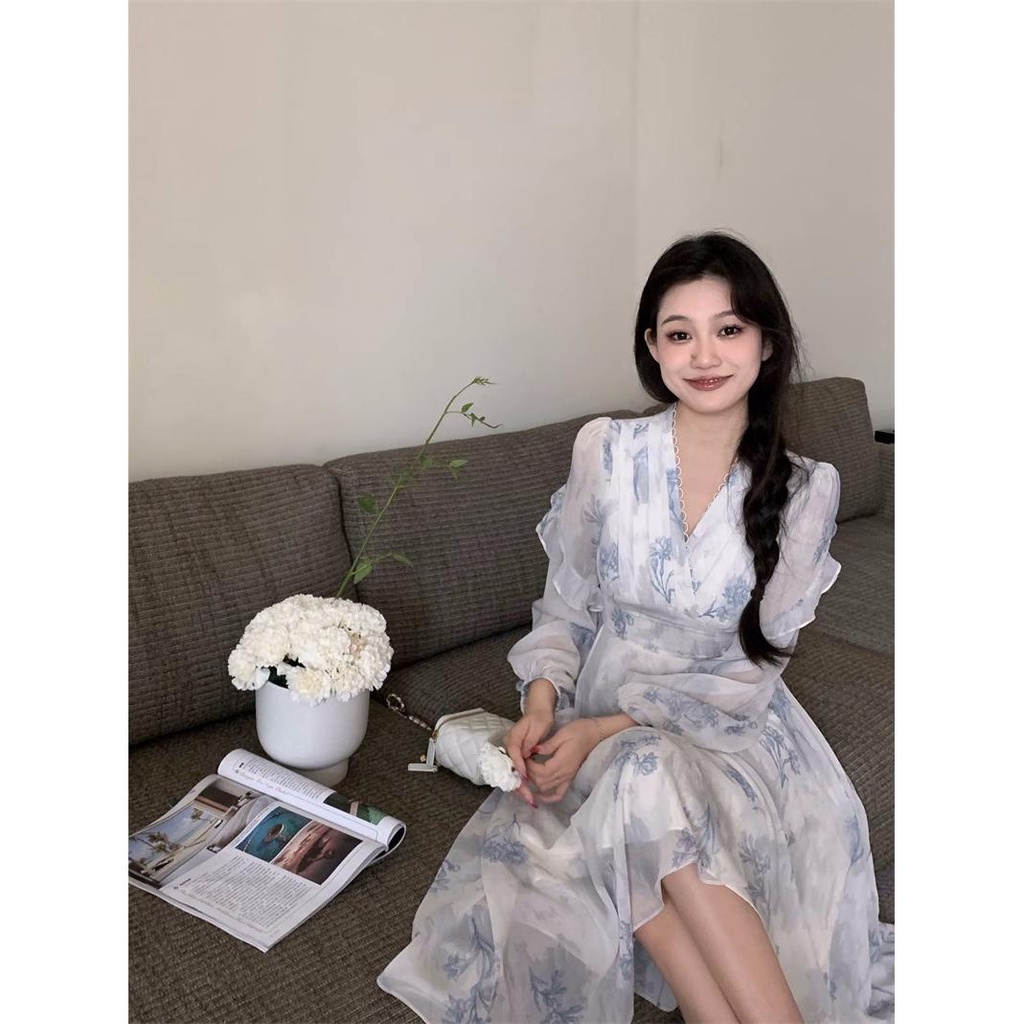 Đầm maxi Vải Voan Cổ V Tay Dài In Hoa Kiểu Pháp Thời Trang Mùa Hè Cho Nữ