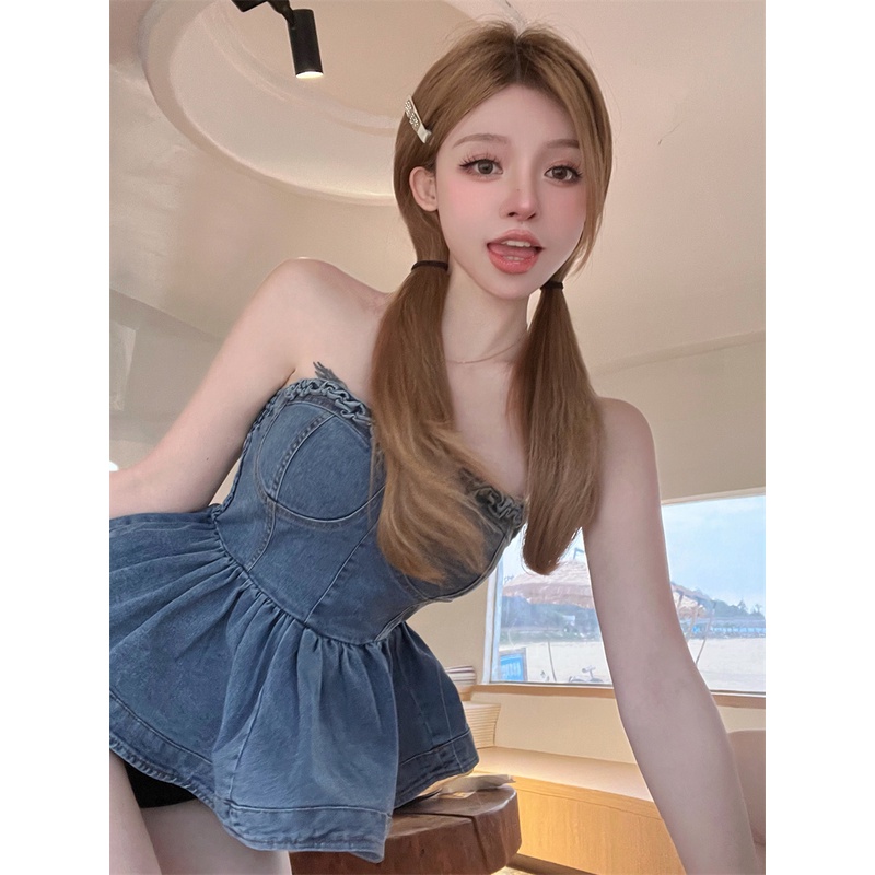 Áo Thun denim Hở Vai Thời Trang Hè Cá Tính Cho Bé Gái