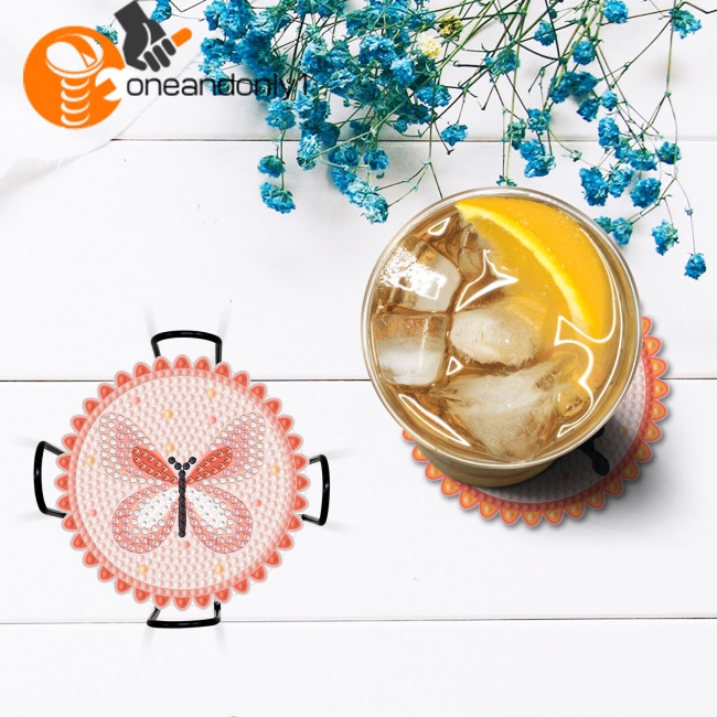 Bộ 6 Đế Lót Ly Hình Tròn Họa Tiết Bướm Đính Đá Nghệ Thuật Diy Kèm Giá Đỡ
