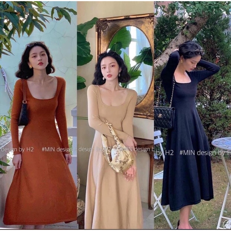 Váy Maxi Cotton Len Zip Cổ U 3 Màu Tay Dài Dáng Xoè, Váy Cổ U Trơn Dáng Dài VN1221
