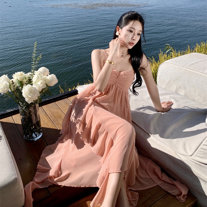 Pure Desire Đầm Voan Hai Dây Hở Lưng Màu Hồng Nhạt Siêu Nữ Tính Thời Trang Mùa Hè