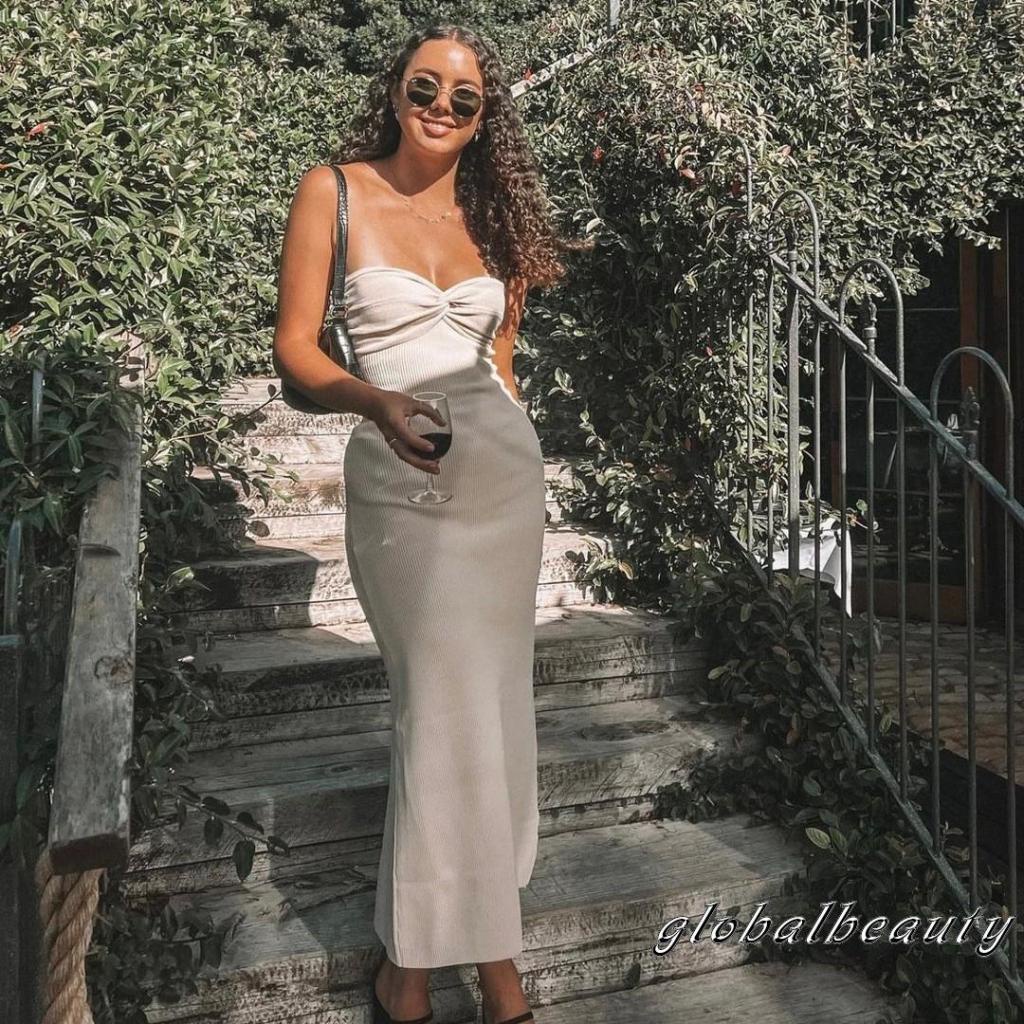 Đầm Maxi Dệt Kim Không Tay Hở Vai Ôm Dáng Thiết Kế Thắt Nút Trước Độc Đáo Thời Trang Cho Nữ