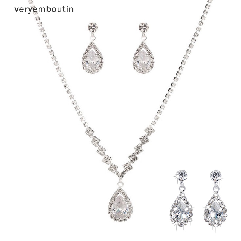 Bộ Vòng cổ + Bông Tai Đính Đá Pha Lê Hình Giọt Nước Màu Bạc Phong Cách Vintage