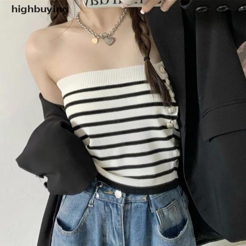 Áo Hai Dây Dệt Kim Cài Nút Họa Tiết Kẻ Sọc Thời Trang Mùa Hè Quyến Rũ Cho Nữ