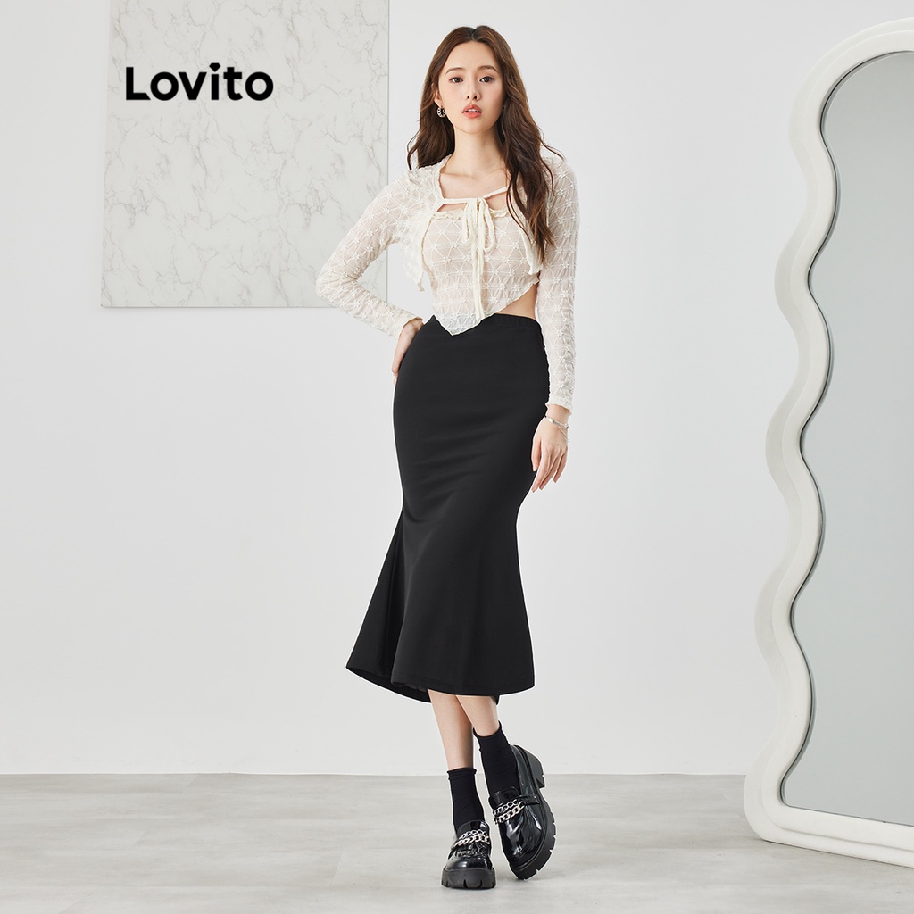 Chân váy đuôi cá Lovito màu trơn co giãn tốt phong cách thường ngày dành cho nữ L39AD091 (đen)