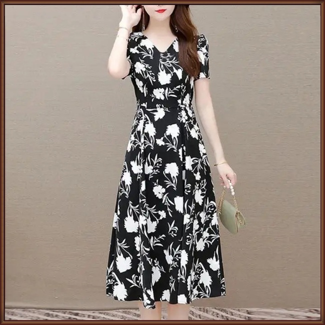 Đầm Tay Ngắn Cổ Chữ V In Họa Tiết Hoa Thanh Lịch Thời Trang Mùa Hè Cho Nữ