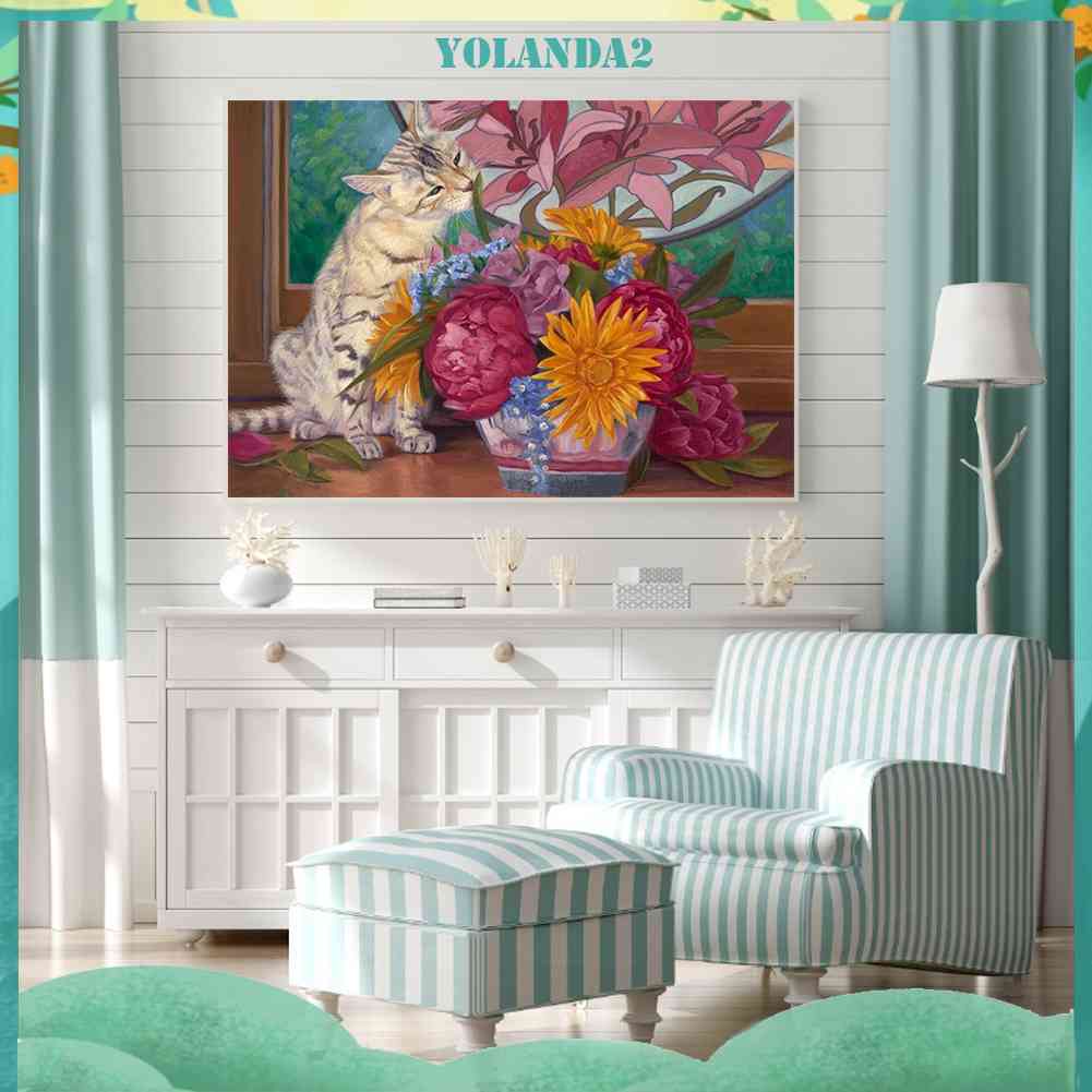 Tranh Đính Đá Kim Cương Toàn Bộ 5D DIY Hình Vẽ Mèo Hoa