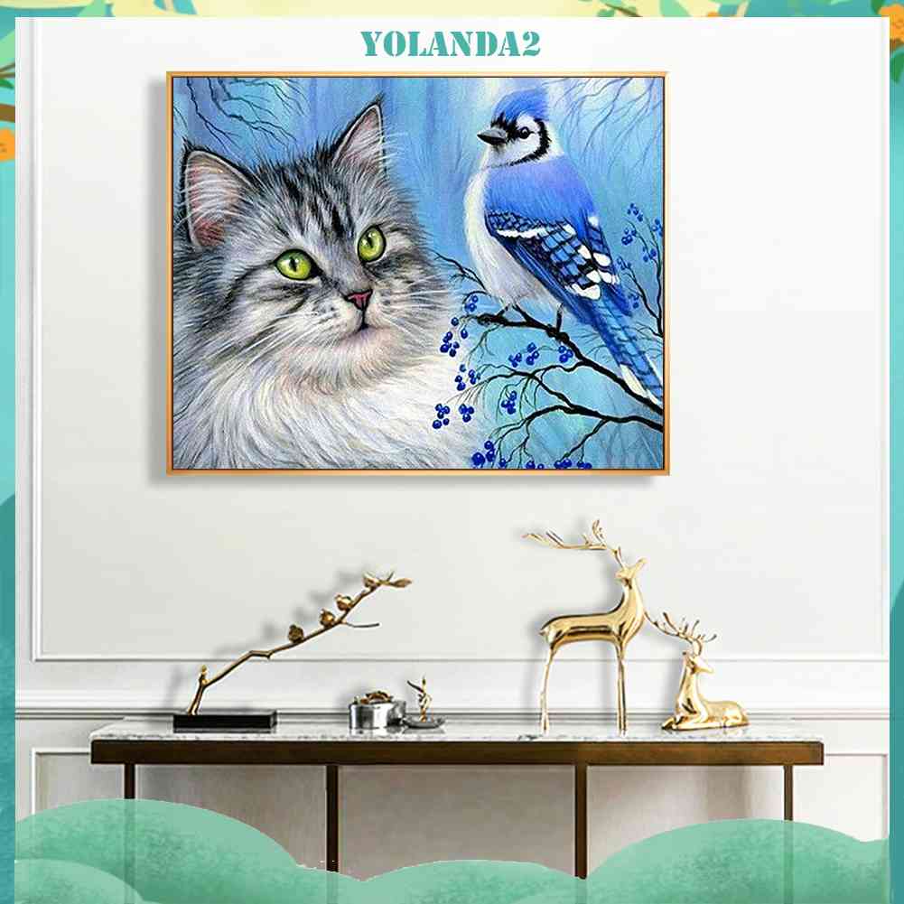 Bộ Tranh Đính Đá Toàn Diện Họa Tiết Mèo Và Chim Độc Đáo Trang Trí Nhà Cửa