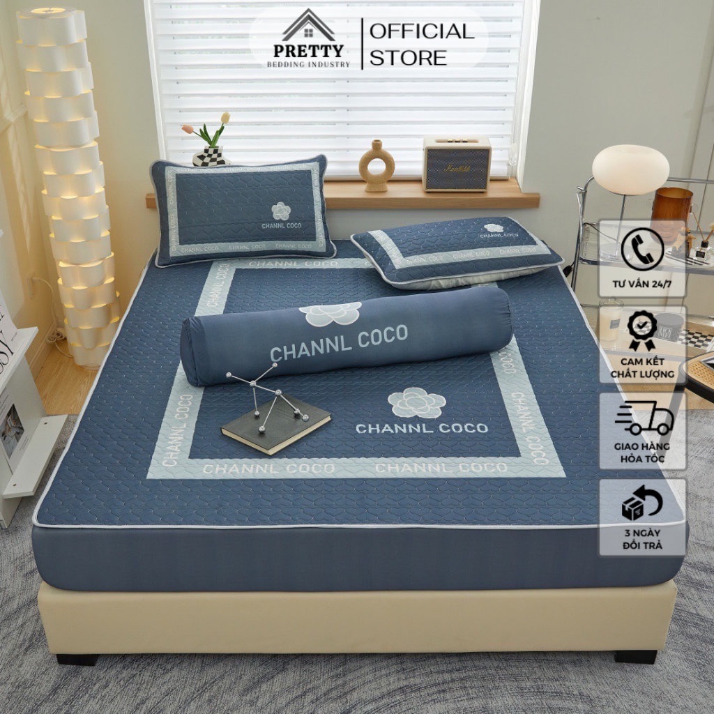 Chiếu điều hòa cao su non Tencel thương hiệu Channel Coco nhập khẩu cao cấp, set 4 món chiếu + 2 vỏ gối nằm + vỏ gối ôm