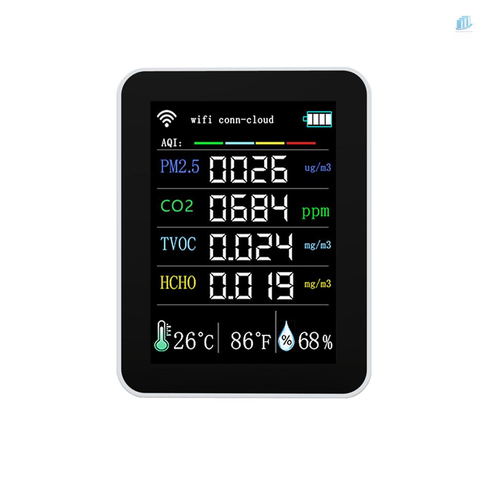 Máy Đo Độ Ẩm Không Khí Kết Nối Wifi 7 Trong 1 PM2.5 CO2 TVOC HCHO AQI 2.8inch TFT Chất Lượng Cao