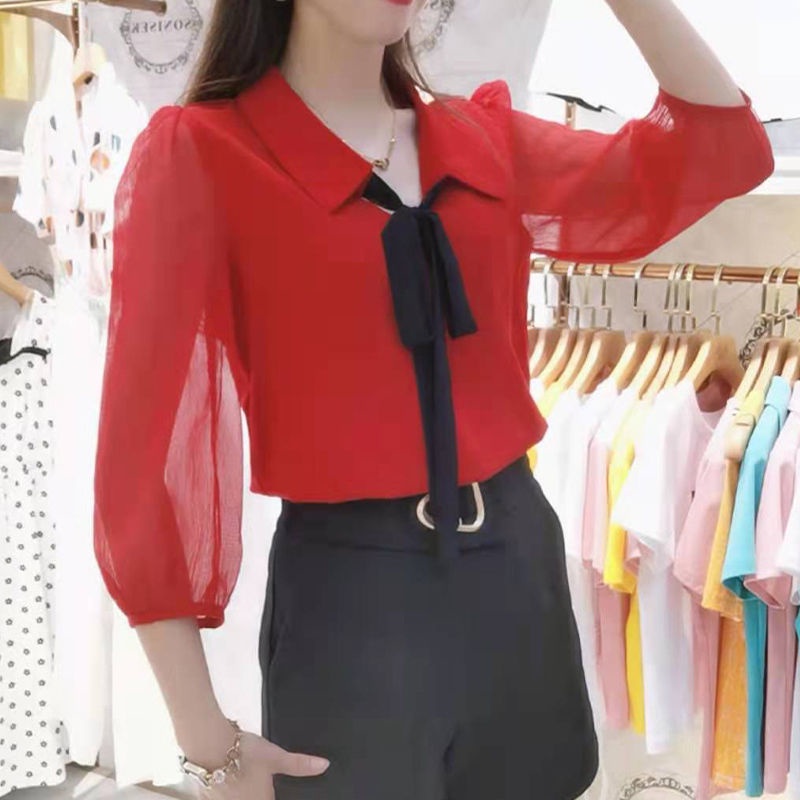 Áo Sơ Mi chiffon Tay Lỡ Thắt Nơ Thời Trang Mùa Hè Cho Nữ