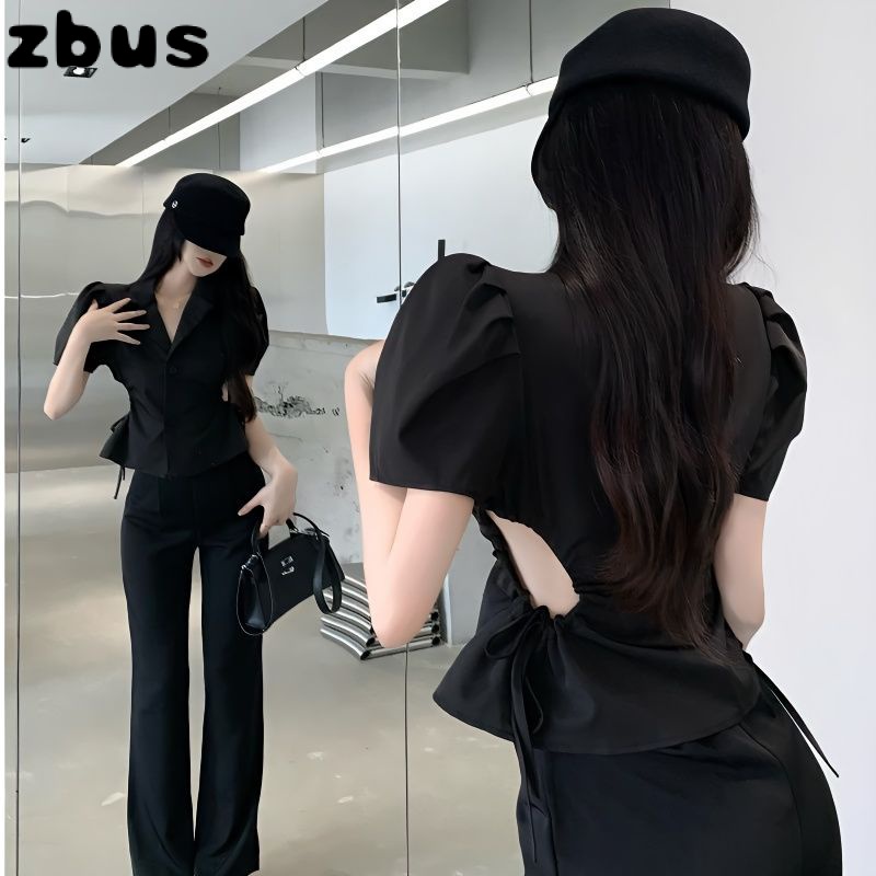 【Zbus】 sơ mi áo sơ mi nữ áo sơ mi kiểu set áo trễ vai quần ống rộng Áo sơ mi Hàn Quốc dáng rộng kẻ sọc nhiều màu Ulzzang Áo Kiểu Tay Phồng Ngắn Hở Eo Thời Trang Mùa Hè 2023 Dành Cho Nữ