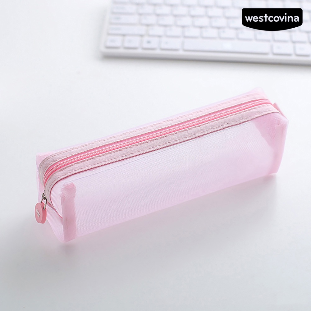 [COD]♪Túi Lưới Đựng Bút Trong Suốt Màu Trơn Có Khóa Kéo Tiện Dụng Cho Học Sinh