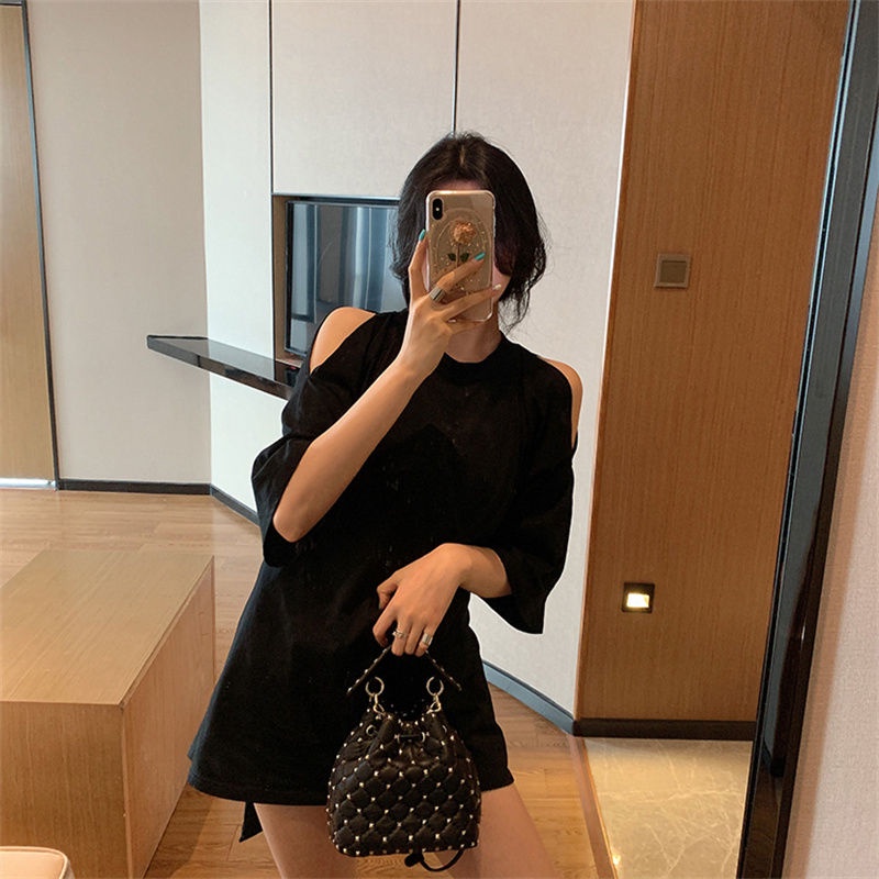 New lace-up design small heart sweater T large size slimming French minority short-sleeved T-shirt for girls off-shoulder large size knitted top