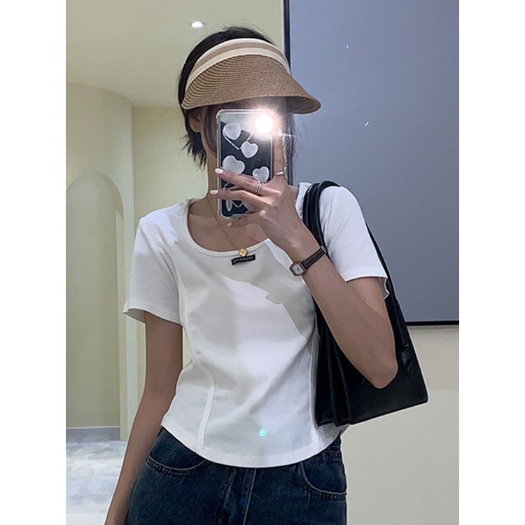 Áo Thun Ngắn Tay Cổ Vuông Viền Cong Thời Trang Retro Cho Nữ