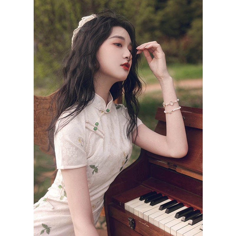 Sườn Xám Cách Tân Ngắn Tay In Hoa Thời Trang Mùa Hè Phong Cách Trung Hoa