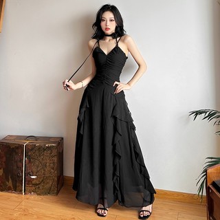 KLALIEN Đầm maxi hai dây dáng chữ A nhún bèo cổ chữ V thời trang dự tiệc cưới thanh lịch sang trọng dành cho nữ