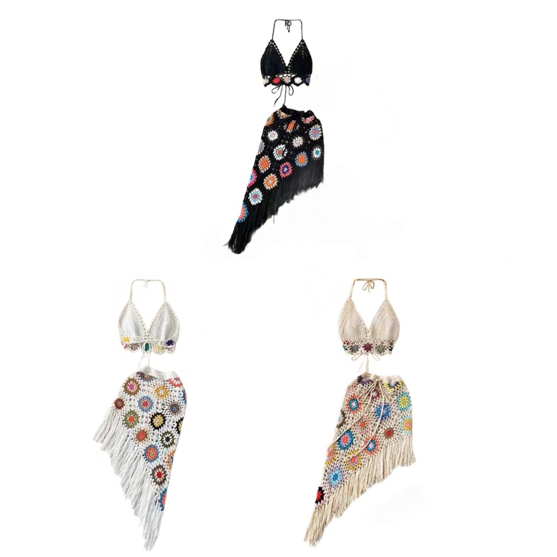 Bộ Trang Phục 2 Mảnh Gồm Áo Ngực Dệt Kim Cổ Yếm Và Chân Váy Tua Rua Bất Đối Xứng Dành