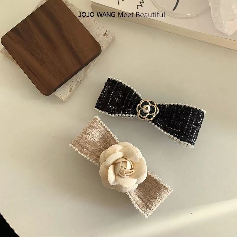 Kẹp Tóc Nơ Đính Hoa Trà Vải Tweed Thanh Lịch Cho Nữ