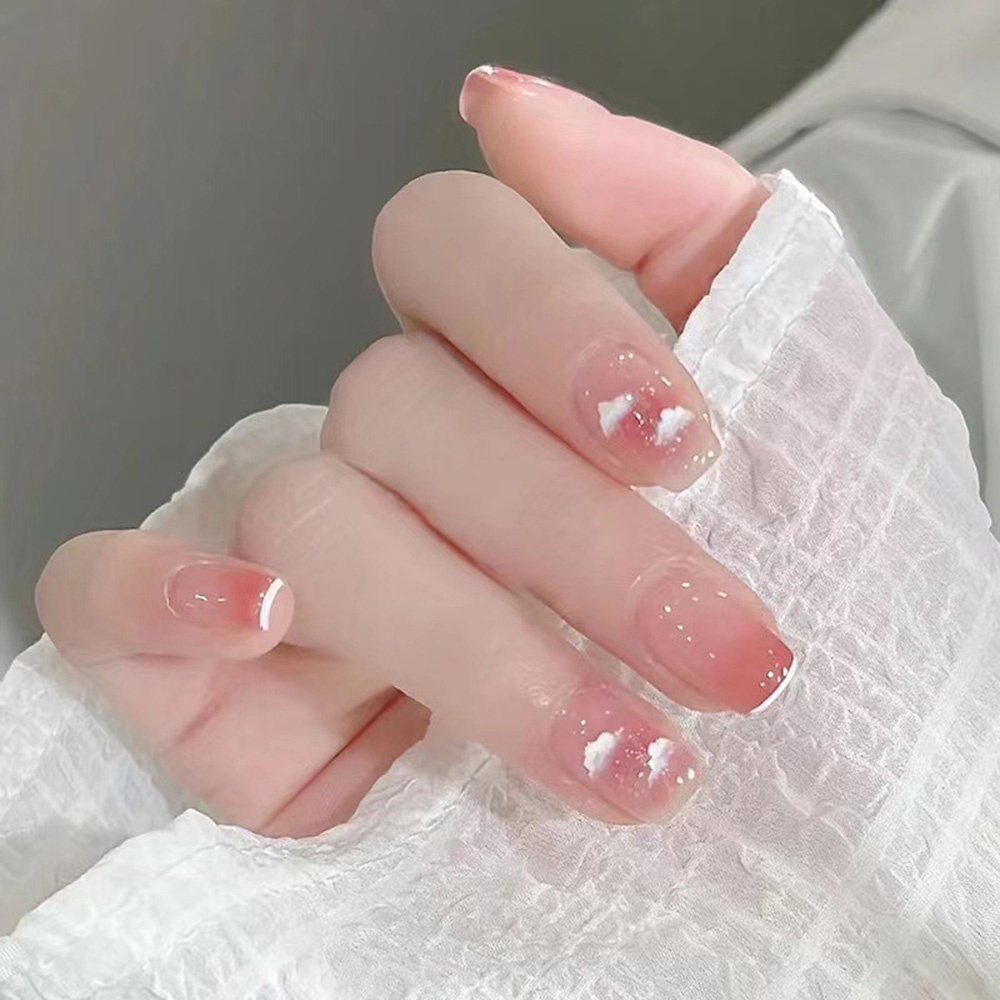Móng Tay Giả In Hình Đám Mây Hồng Lấp Lánh Kiểu Pháp