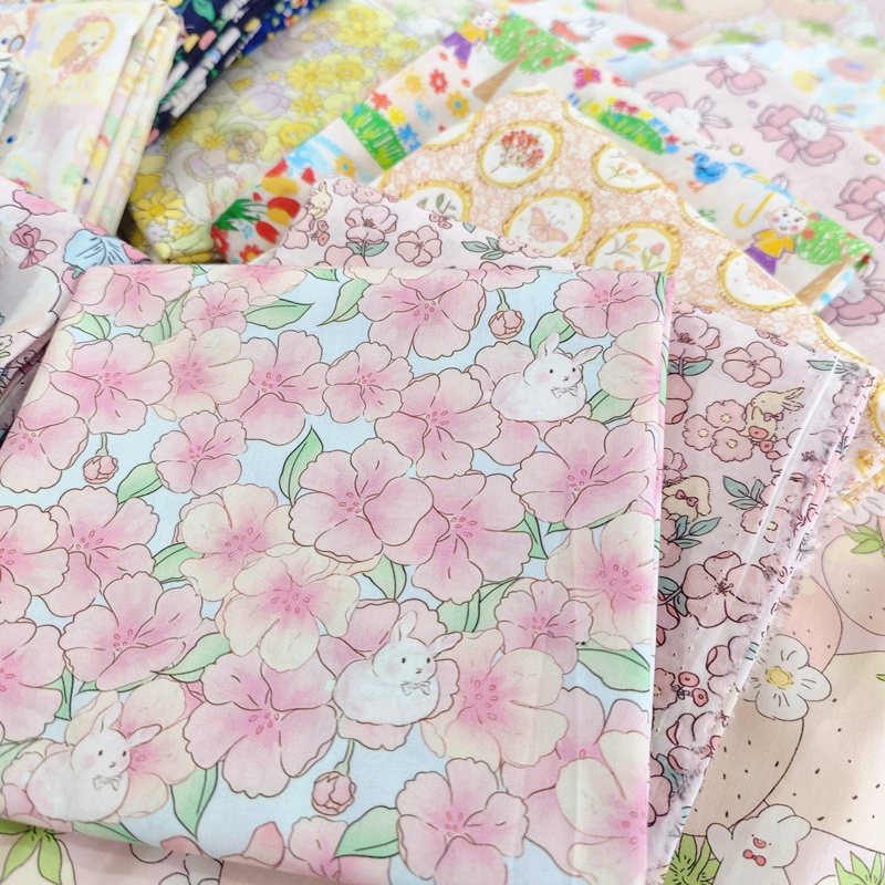 Tấm Vải 100% Cotton Rộng 145cm Họa Tiết Thỏ Vintage