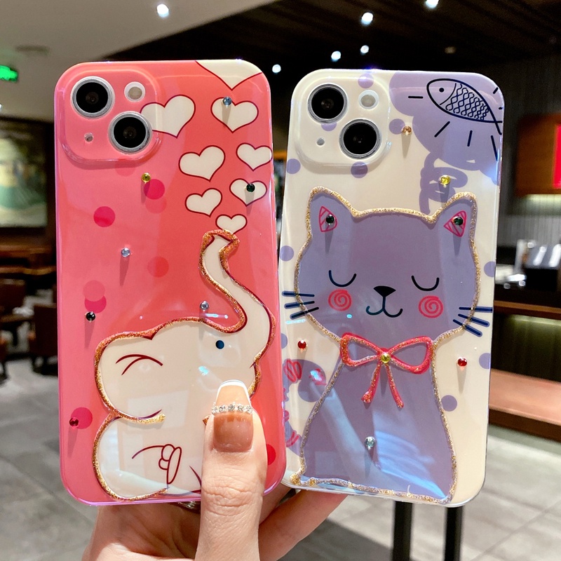 Ốp Điện Thoại Mềm Hình Voi / Mèo Đính Đá Nhỏ Giọt Cho iPhone 11 14 Plus XR XS 12 13 Pro Max