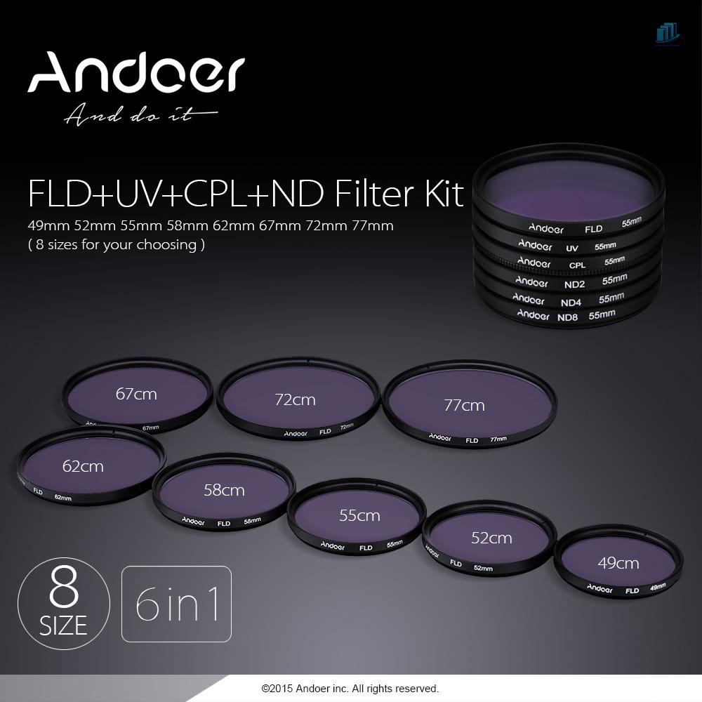ANDOER Bộ Kính Lọc UV + CPL + FLD + ND (ND2 ND4 ND8) 67mm Chuyên Dụng Cho Máy Ảnh DSLRs