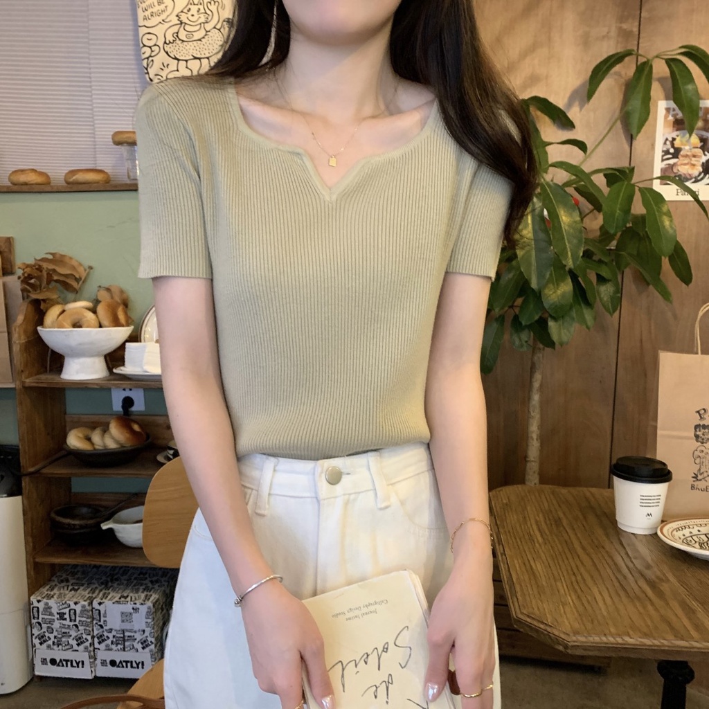 WANGJIAOZHAN Áo Kiểu Tay Ngắn Cổ Vuông Thời Trang Phong Cách Pháp