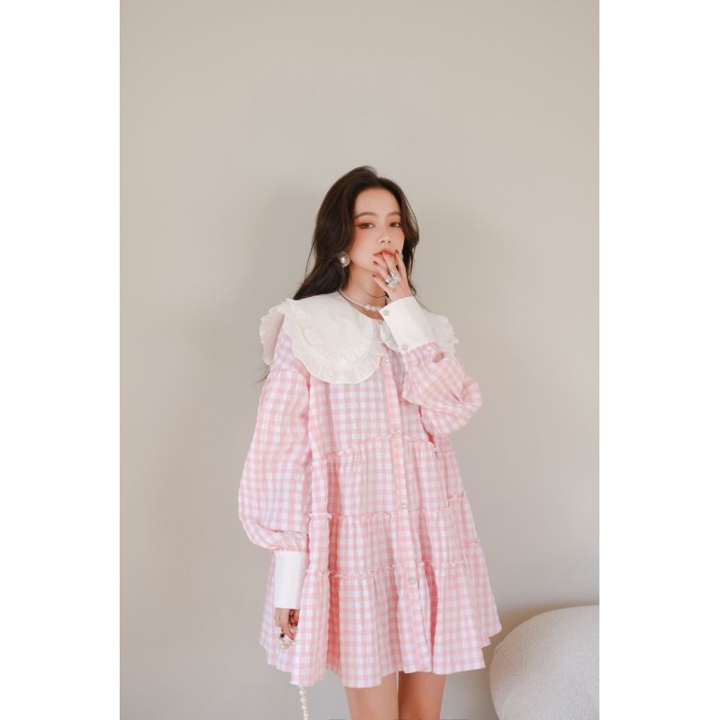 [F &amp; X] Đầm Sơ Mi Tay Dài Cổ Búp Bê Họa Tiết Kẻ Sọc Màu Hồng Phong Cách Pháp Ngọt Ngào Cho Nữ