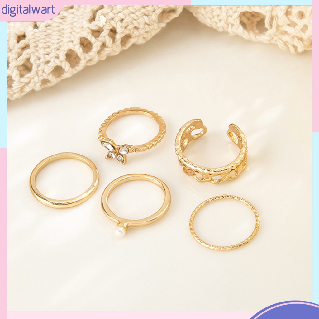 Bộ 5 Nhẫn Đeo Đốt Ngón Tay Hình Bướm Đính Ngọc Trai Giả Phong Cách Vintage Cho Nữ