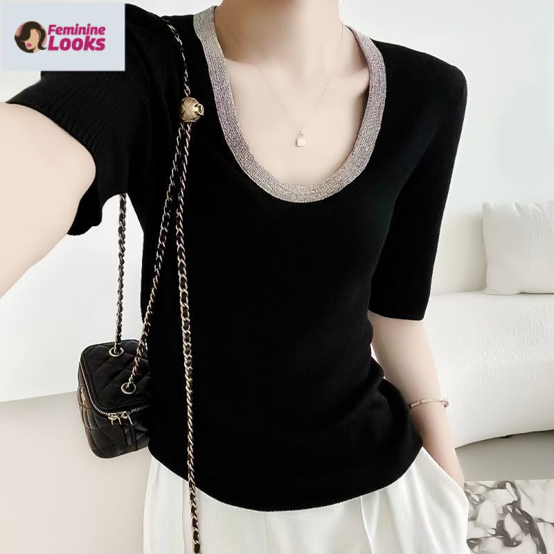 Áo Dệt Kim Tay Dài Cổ Chữ U Dáng Ôm Mềm Mại Thời Trang Cho Nữ