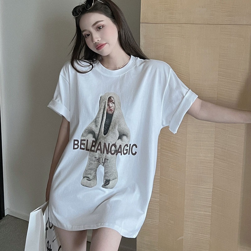 Áo Thun Tay Ngắn Cổ Tròn Dáng Rộng In Hoạt Hình Phong Cách Hàn Quốc Xinh Xắn Cho Nữ