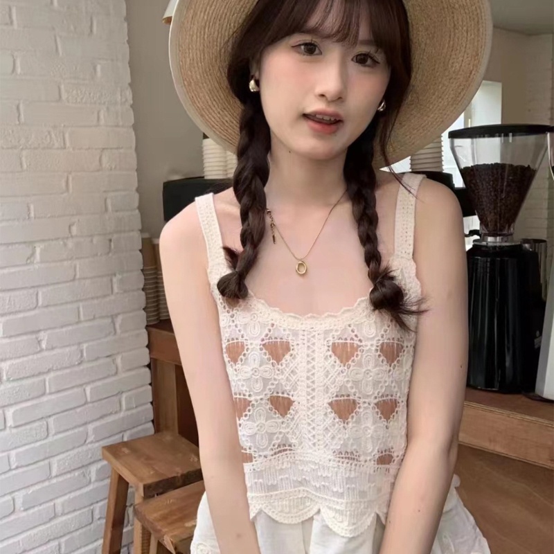 Xiangbao Áo Dệt Kim Không Tay Dáng Rộng Ghép Nối Viền Rỗng Họa Tiết Hoa Đáng Yêu Phù Hợp Cho Trường Học Hàng