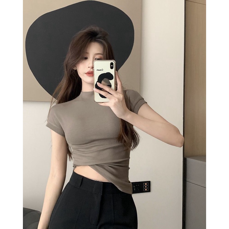 COZOK Áo Thun Ngắn Tay Cổ Cao Màu Trơn Thời Trang Hàn Quốc