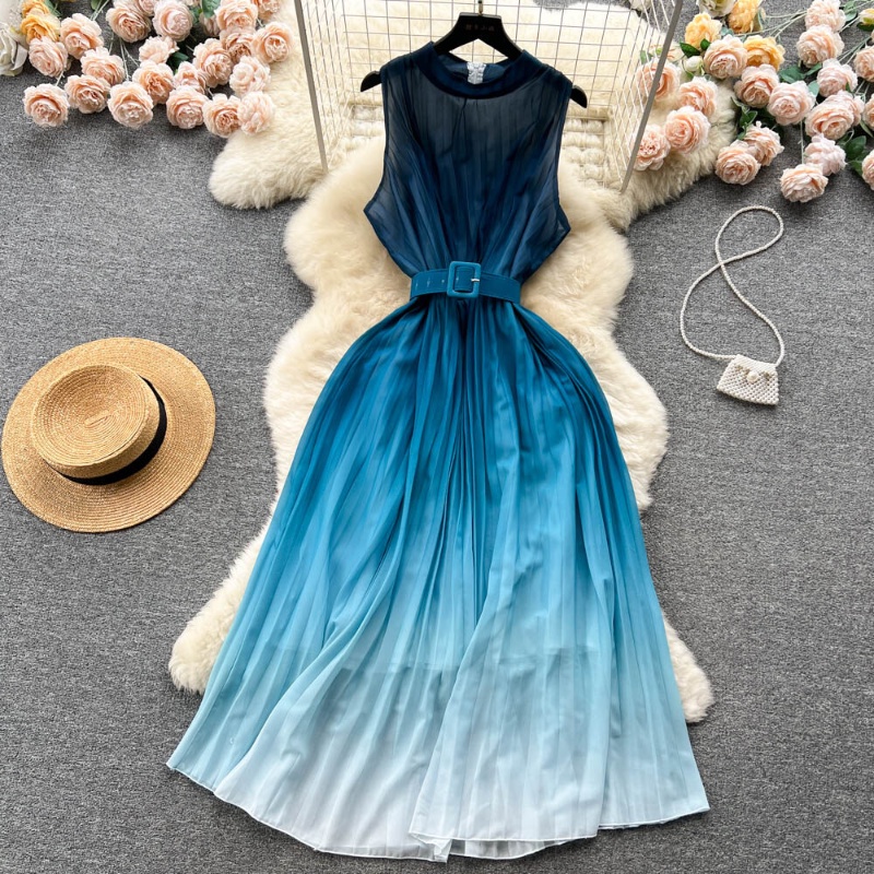 Đầm Chiffon Dài Dáng Chữ A Không Tay Eo Cao Xếp Ly Màu Gradient Thanh Lịch Thời Trang Mùa Hè Dành Cho Bạn Nữ