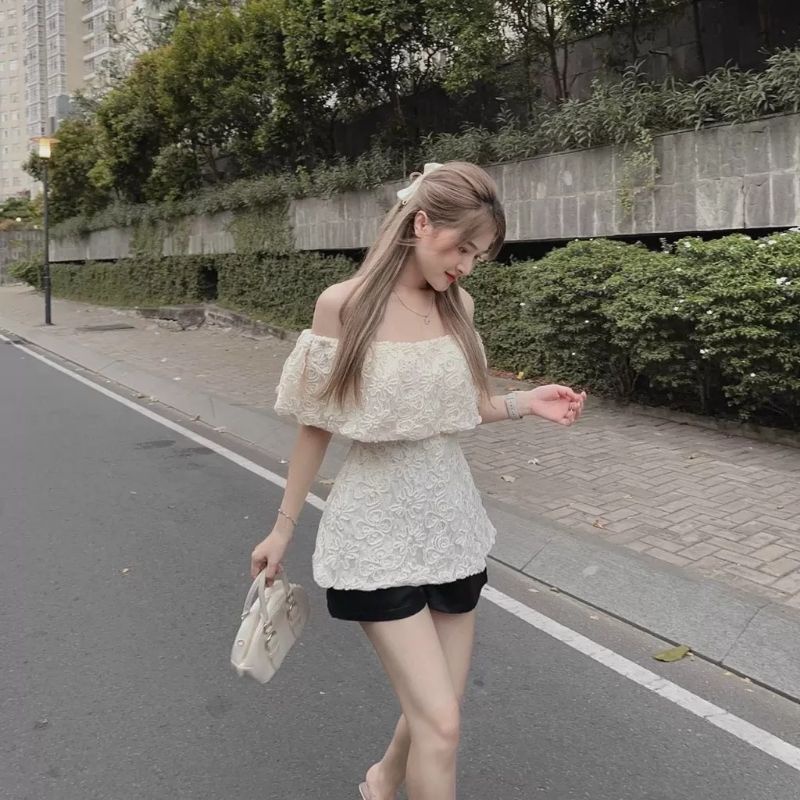 💋Áo trễ vai ren bánh bèo tiểu thư  TẶNG TAG CÀI🌸🌸